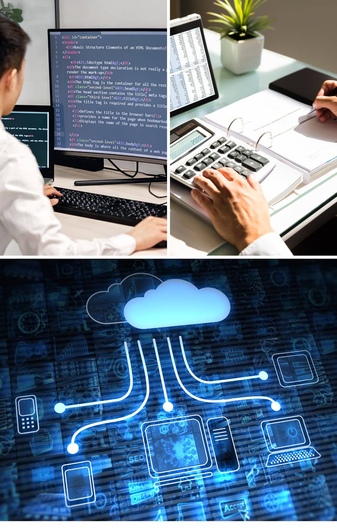 A man using a computer, the cloud storing information, invoices being calculated