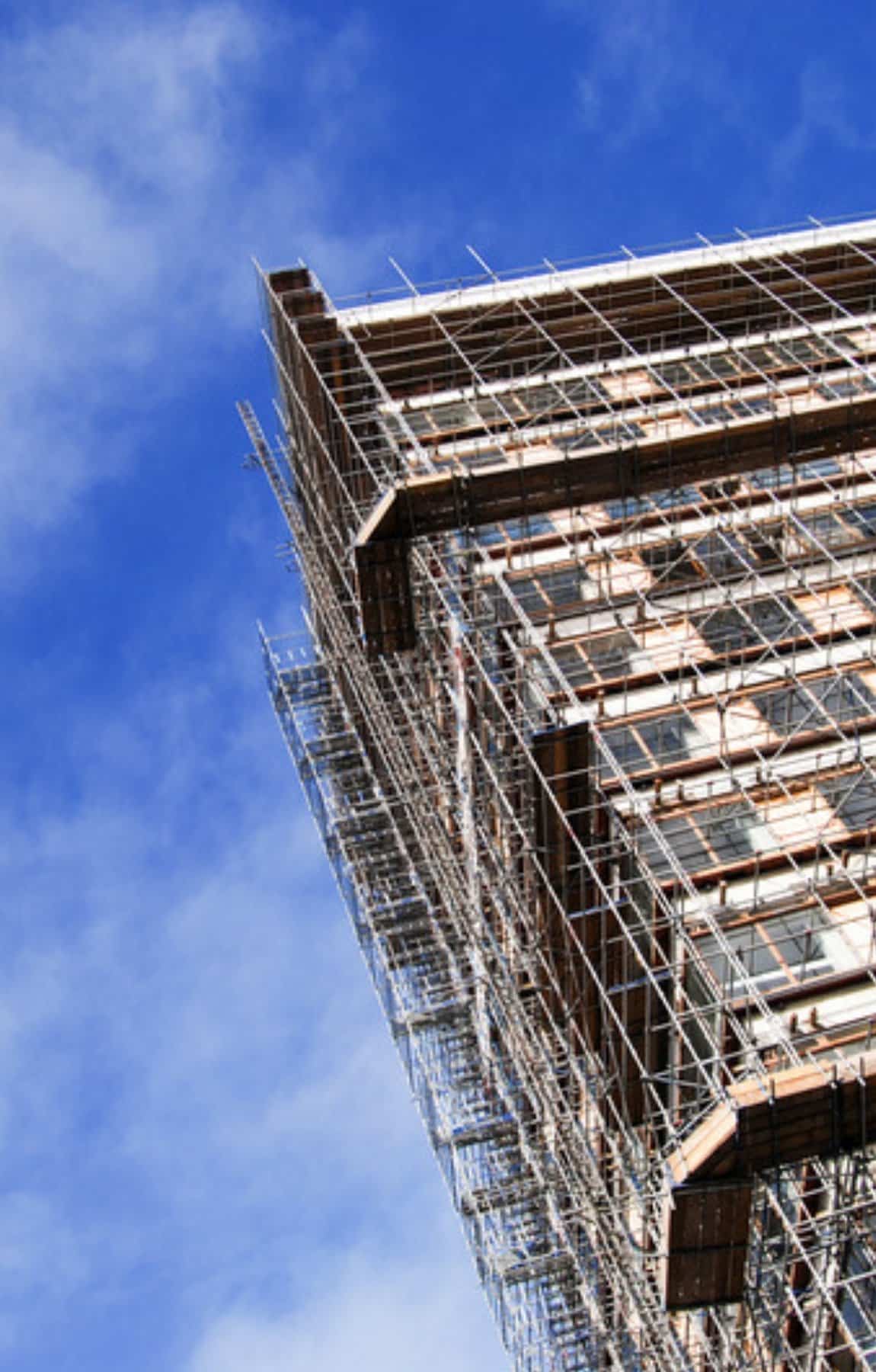 Commercial building under renovation with scaffolding